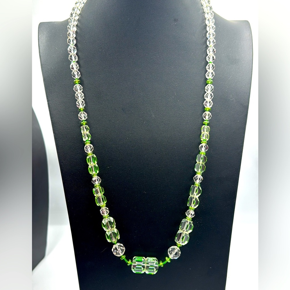 Green & clear rock crystal & Czech glass necklace. Antique